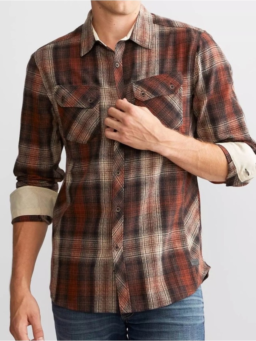 Outpost Makers Men's Rust Black Plaid Flannel Shirt S neutral outdoor country